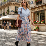 Fustă lungă cu volane și print floral bleu