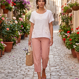 Tricou in și bumbac cu floare croșetată alb