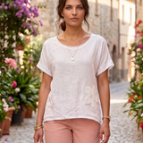 Tricou in și bumbac cu floare croșetată alb