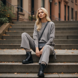 Compleu tricotat casual cu cataramă la buzunare gri