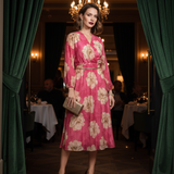 Rochie lungă cu print floral, mânecă lungă, elastic talie, decolteu în V ciclam