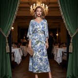 Rochie vascoza cu maneca larga si print floral-albastru jeans
