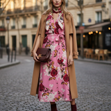 Rochie lunga parte peste parte print floral cu broșă roz