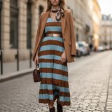 Rochie lungă fără mâneci cu dungi și curea inclusă beige