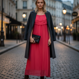 Rochie elegantă din mătase cu volane la umeri ciclam