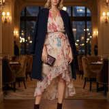 Rochie asimetrică din voal cu print floral și cordon alb