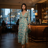 Rochie lungă cu print floral și mânecă clopot aqua