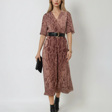 Rochie lungă vaporoasă din voal cu print floral beige