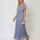 Rochie elegantă din mătase cu volane la umeri bleu