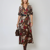 Rochie lunga parte peste parte print floral cu broșă maro