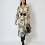 Rochie lungă cu print floral, mânecă lungă, elastic talie, decolteu în V kaki