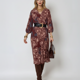 Rochie lungă din voal cu print floral maro