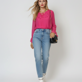 Bluza cu volan din mătase naturală și vascoză ciclam