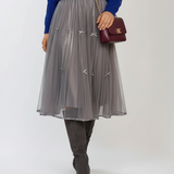 Fustă midi din tulle cu fundițe și aspect satinat gri