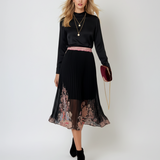 Fustă lungă plisată cu print floral și crinolină fluidă negru