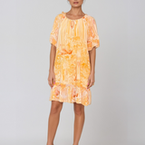 Rochie vaporoasă florală cu volan și mâneci 3/4 galben