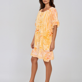 Rochie vaporoasă florală cu volan și mâneci 3/4 galben