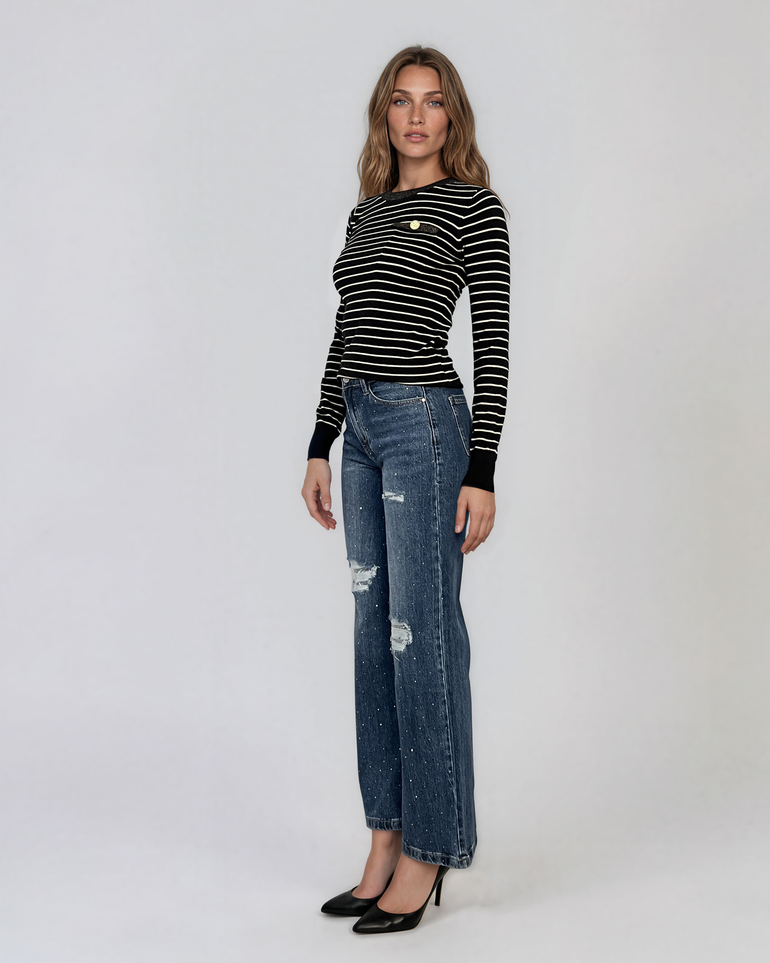 Blugi wide leg cu rupturi şi strasuri albastru JI466