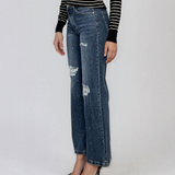 Blugi wide leg cu rupturi şi strasuri albastru JI466
