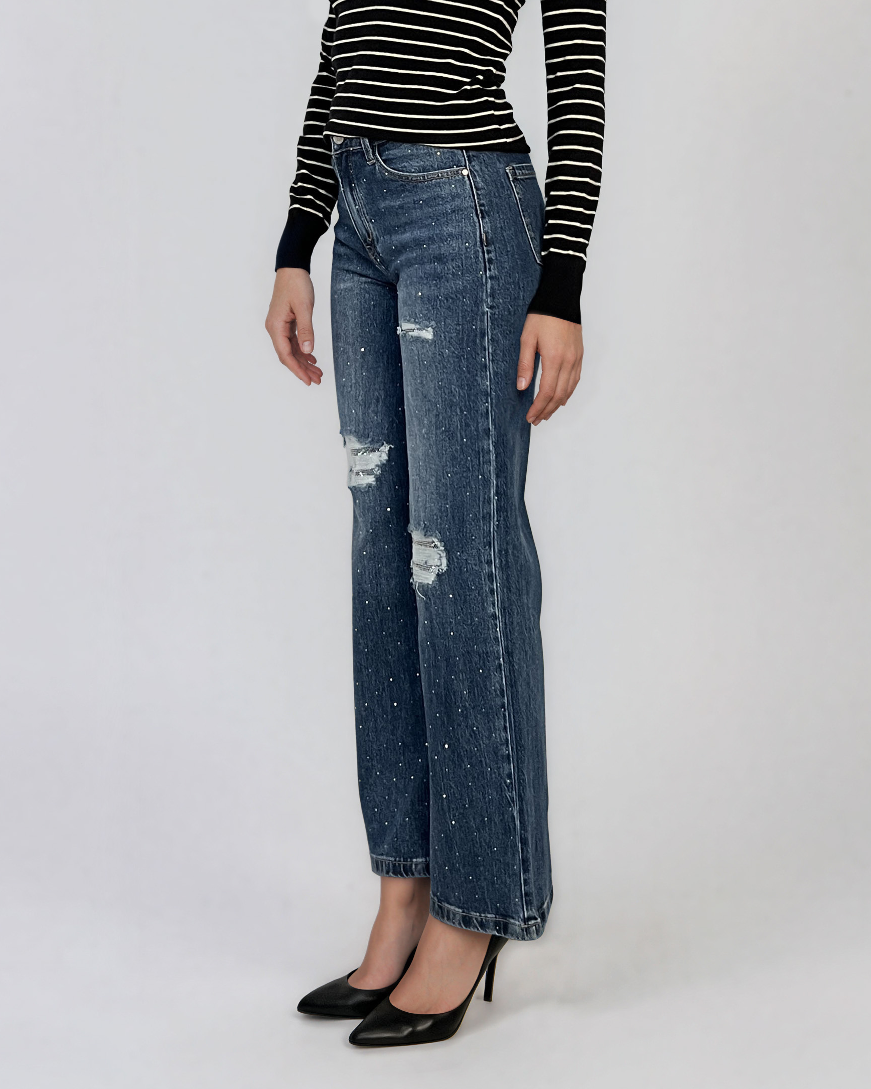 Blugi wide leg cu rupturi şi strasuri albastru JI466