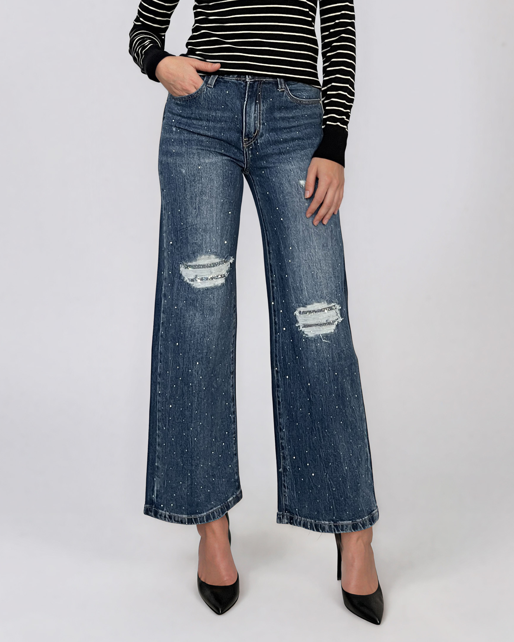 Blugi wide leg cu rupturi şi strasuri albastru JI466