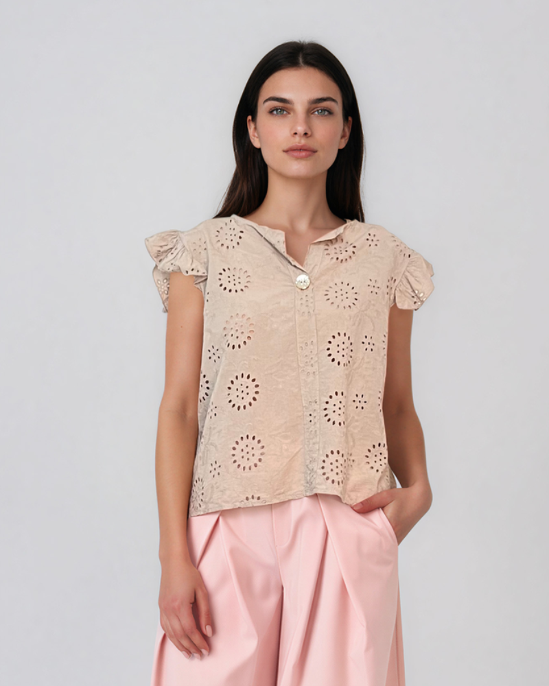 Bluză brodată cu mânecă volan beige PR917