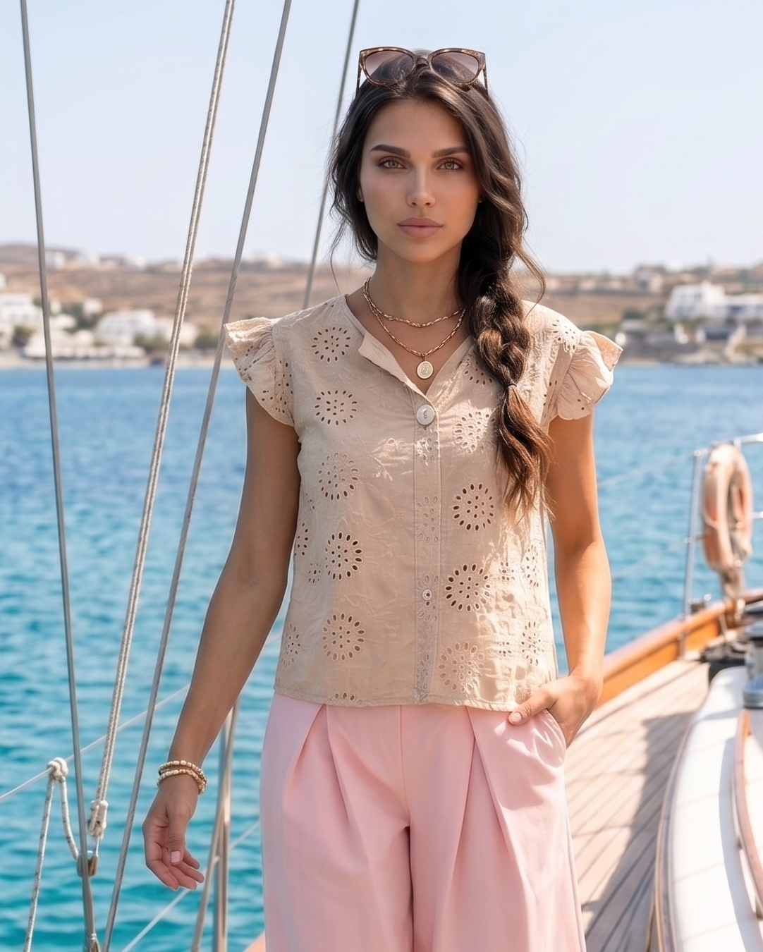 Bluză brodată cu mânecă volan beige PR917