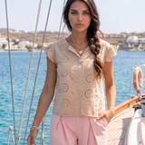 Bluză brodată cu mânecă volan beige PR917