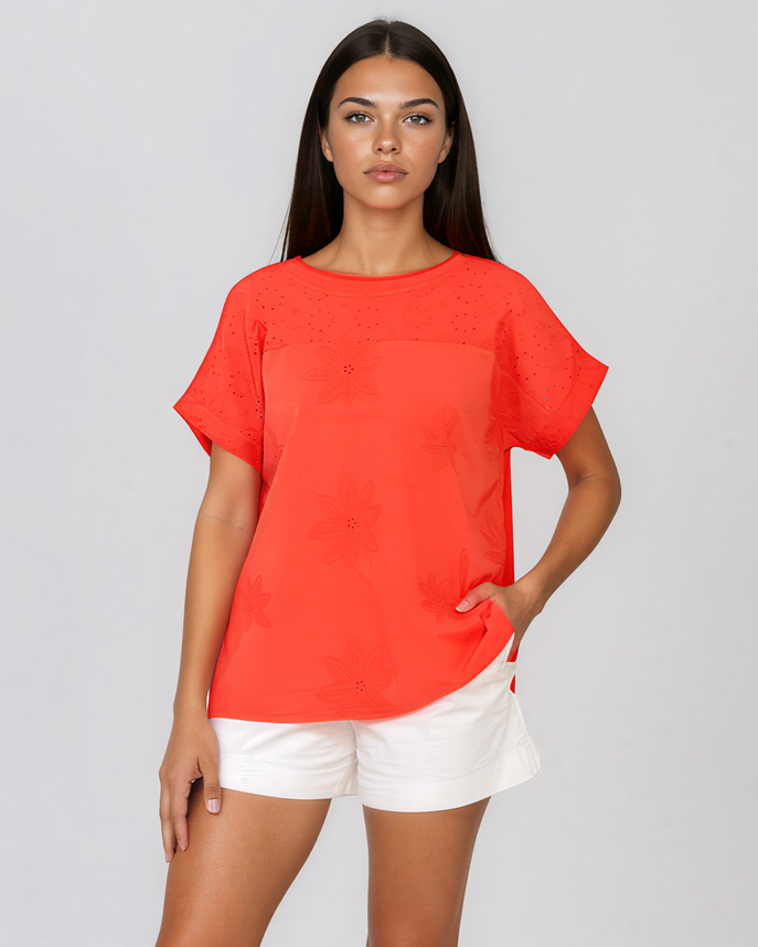 Bluză cu broderie spartă pe umeri corai HL094