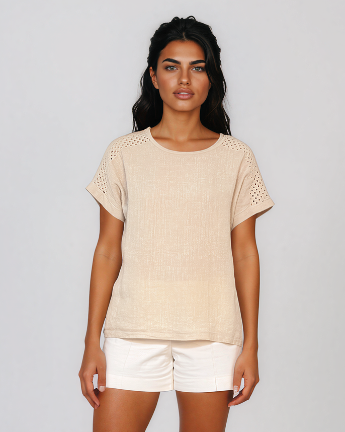 Bluză cu față din in și broderie pe umeri beige HL087