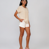 Bluză cu față din in și broderie pe umeri beige HL087