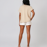 Bluză cu față din in și broderie pe umeri beige HL087