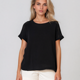 Bluză cu față din in și broderie pe umeri negru HL087