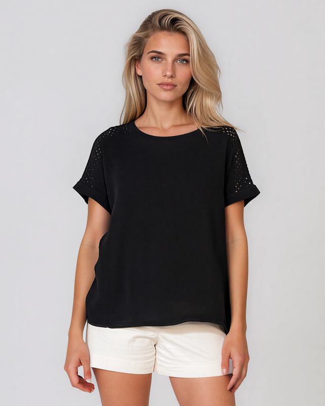 Bluză cu față din in și broderie pe umeri negru HL087