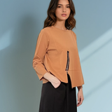 Bluză cu fermoar și cusătură în talie beige 