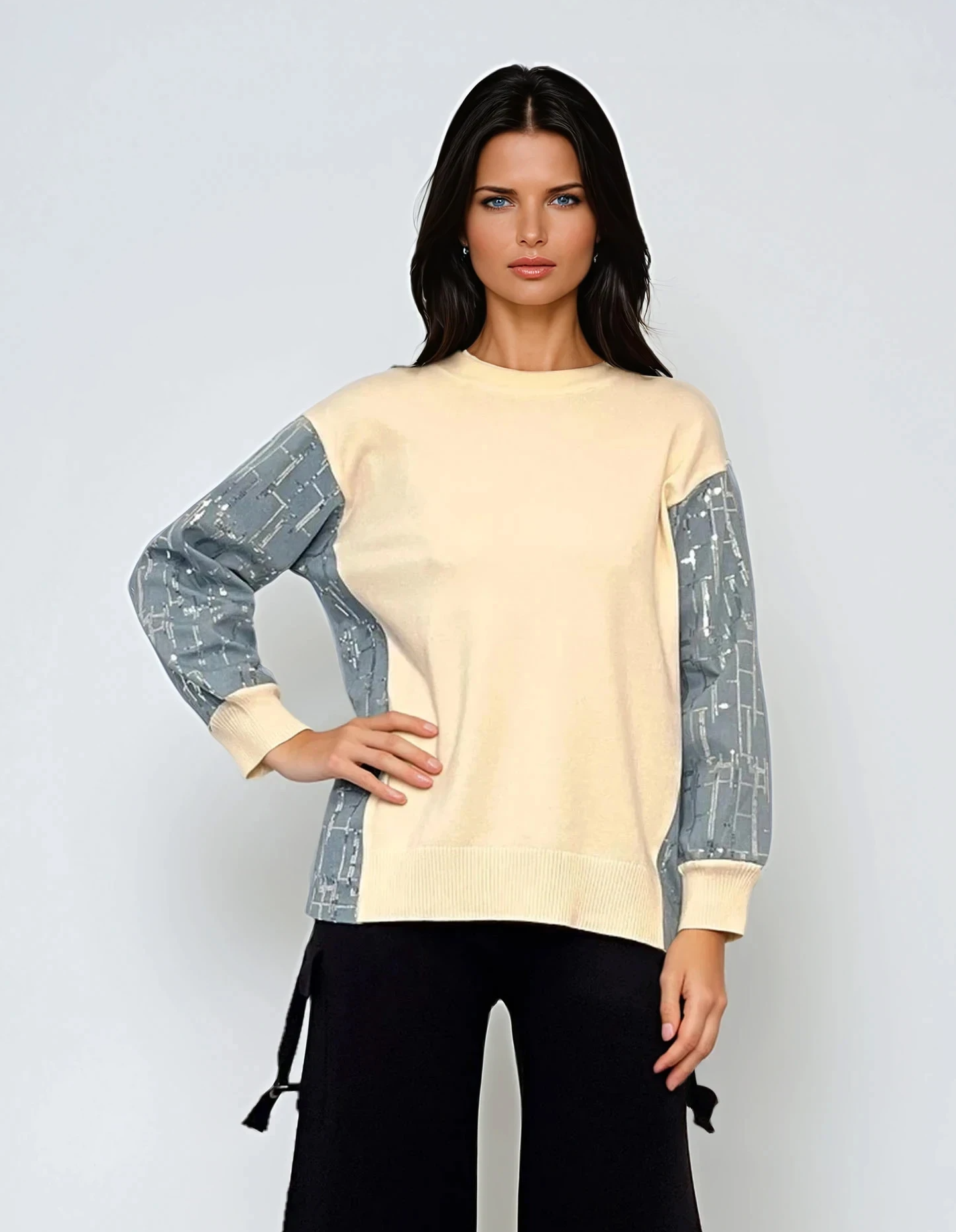 Bluză cu mâneci denim si paiete alb 