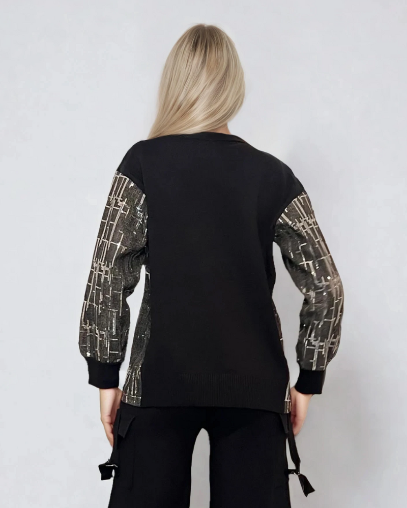 Bluză cu mâneci denim si paiete negru 