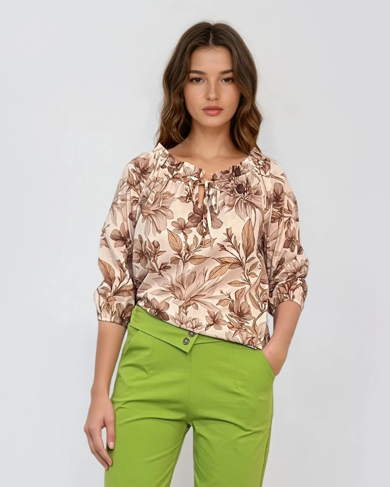 Bluză din bumbac imprimată floral beige 