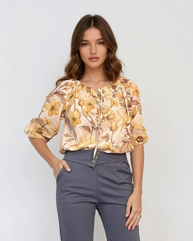 Bluză din bumbac imprimată floral galben 