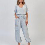 Bluză din in cu broderie elegantă bleu PN002