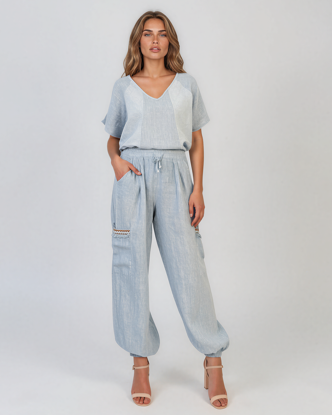 Bluză din in cu broderie elegantă bleu PN002