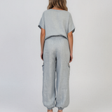 Bluză din in cu broderie elegantă bleu PN002