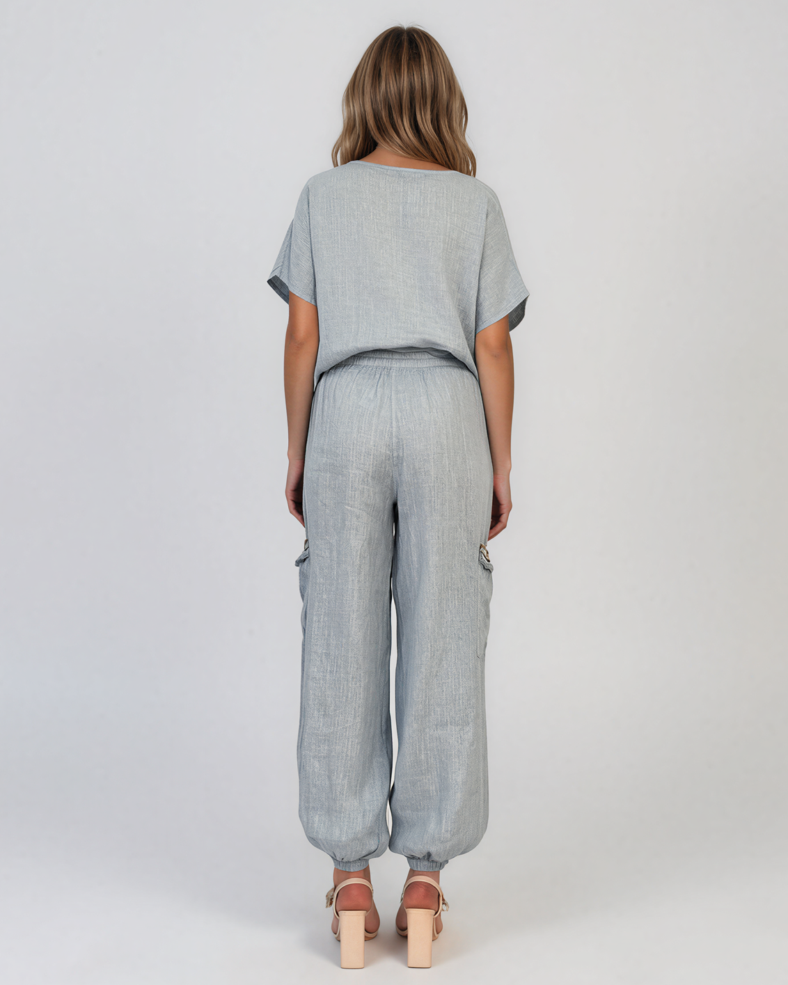 Bluză din in cu broderie elegantă bleu PN002