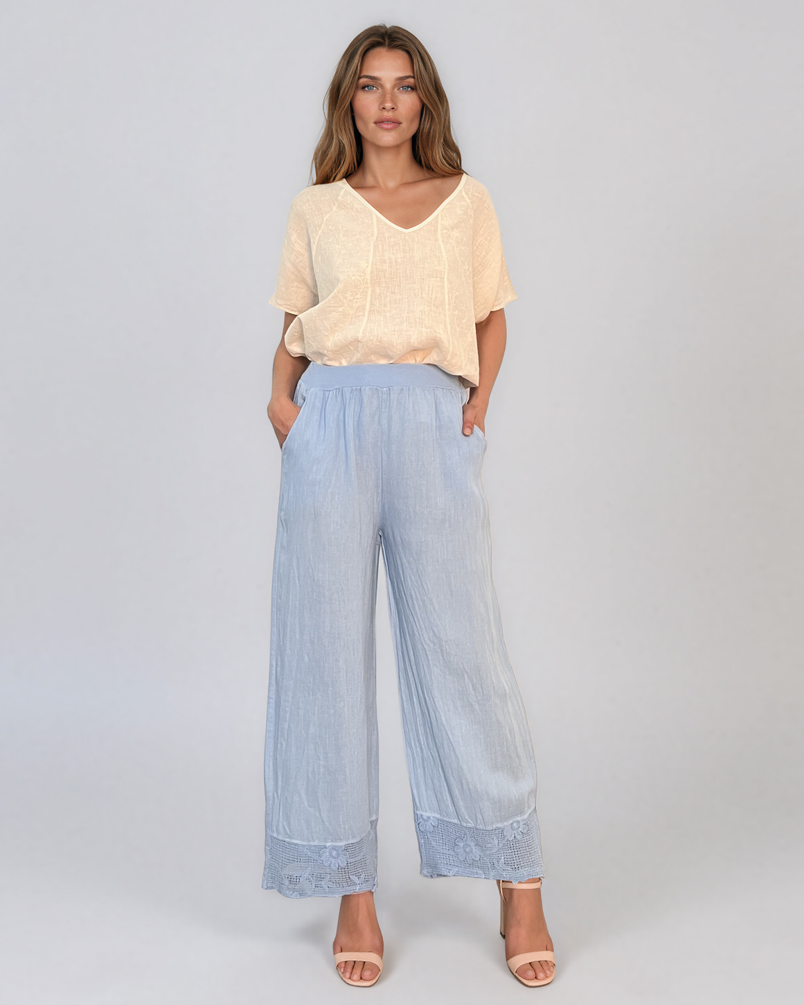 Bluză din in cu broderie elegantă crem PN002
