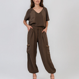 Bluză din in cu broderie elegantă maro PN002