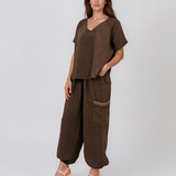 Bluză din in cu broderie elegantă maro PN002