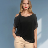 Bluză din mix mătase cu legătură pe umăr negru PR835