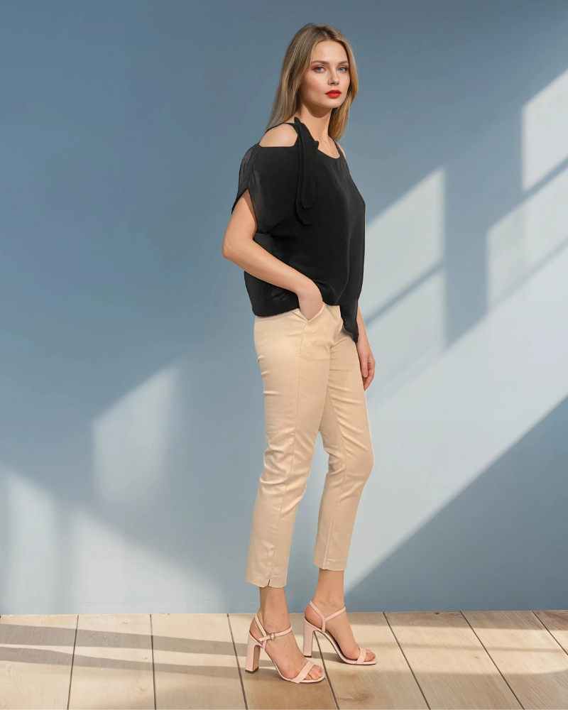 Bluză din mix mătase cu legătură pe umăr negru PR835