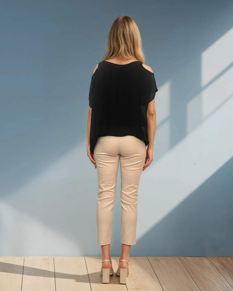 Bluză din mix mătase cu legătură pe umăr negru PR835