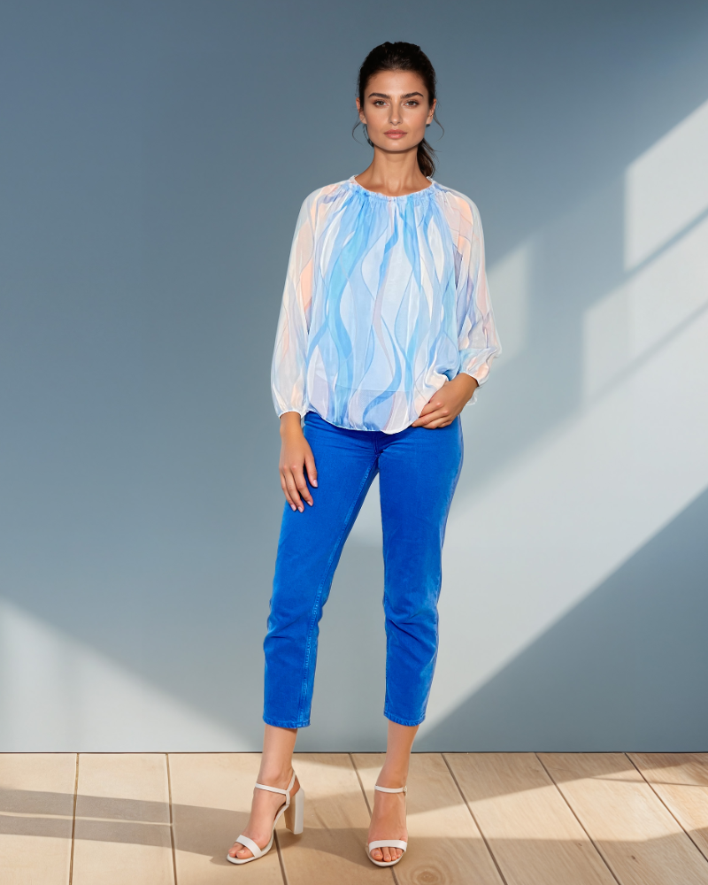 Bluză din voal cu mânecă lungă și elastic bleu HL059